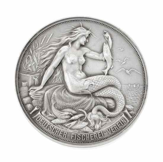 Appraisal: Germany Fishing Union silvered bronze prize medal awarded mermaid seated