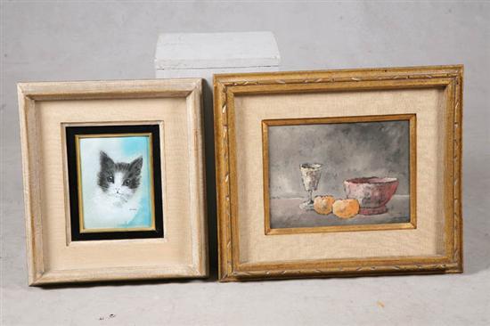 Appraisal: TWO PAINTINGS Enamel on copper of a cat signed M