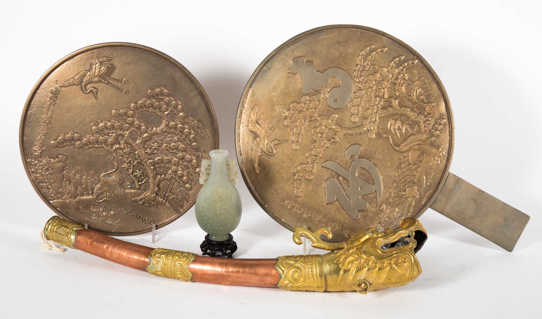 Appraisal: Four assorted oriental objects including bronze hand mirror circular bronze