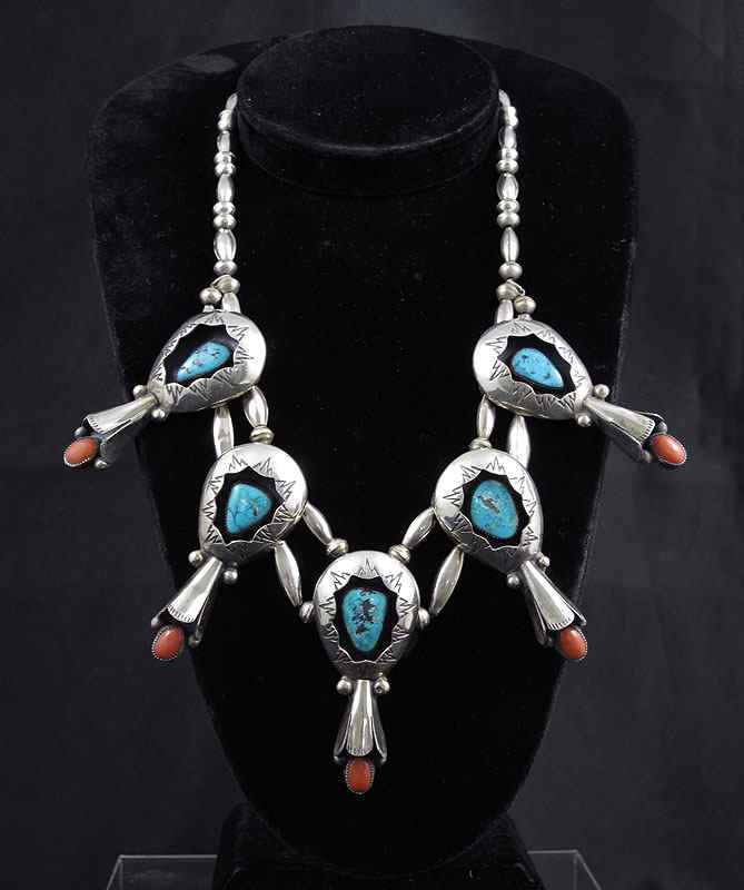 Appraisal: SIGNED TURQUOISE AND CORAL SILVER SQUASH BLOSSOM NECKLACE Signed TG