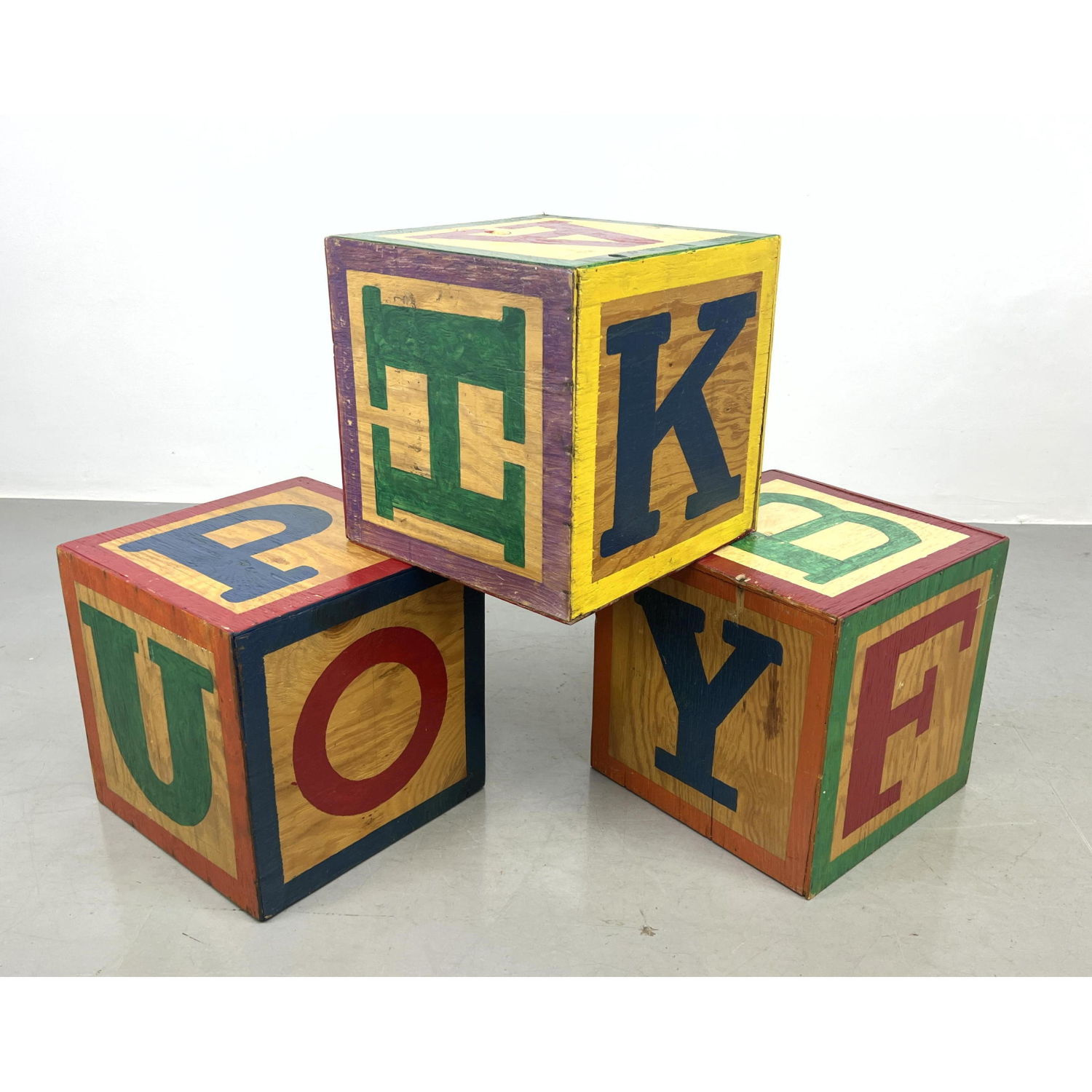 Appraisal: Lot Large Wood Alphabet Blocks Colorful Paint Side Tables Dimensions