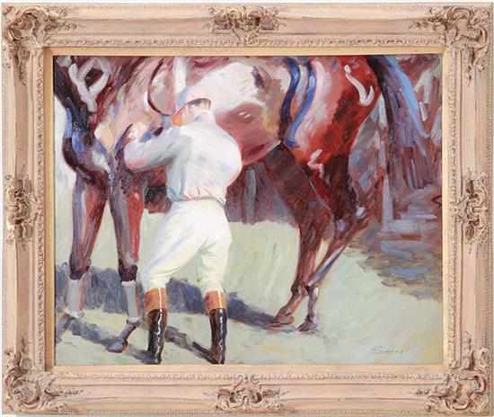 Appraisal: Simone American th century SADDLING UP oil on canvas framed