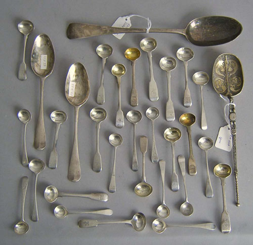 Appraisal: English silver flatware and serving utensils to include master salt