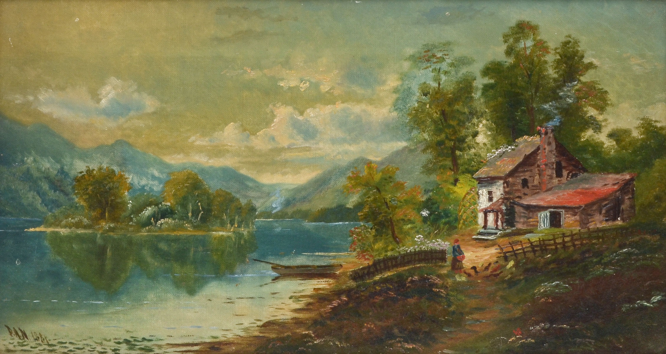 Appraisal: th C LAKESIDE PAINTING COTTAGE AND MOUNTAINS Oil Canvas ''