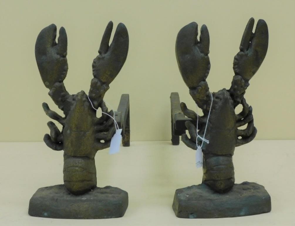 Appraisal: WHIMSICAL LOBSTER-FORM ANDIRONS EARLY TH C Cast iron high wide