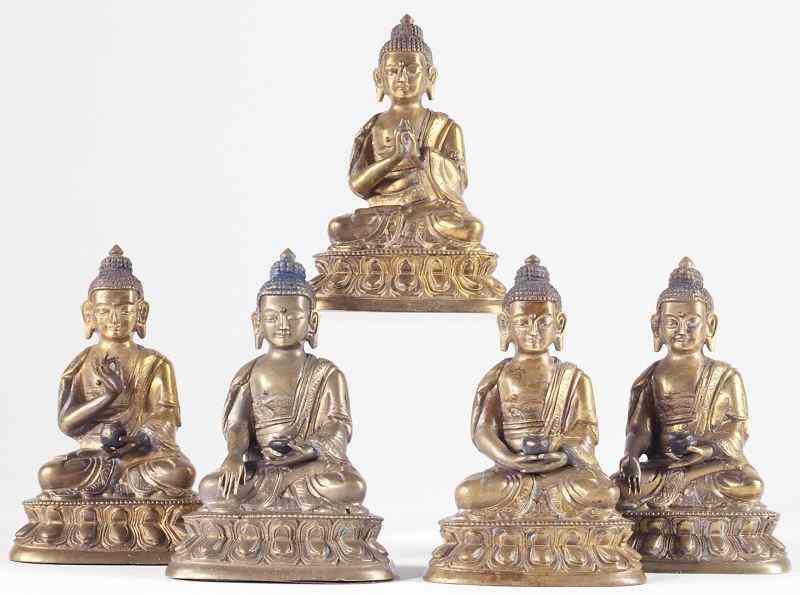 Appraisal: Set of Five Siamese Gilt Bronze Buddhaspossibly th century cast