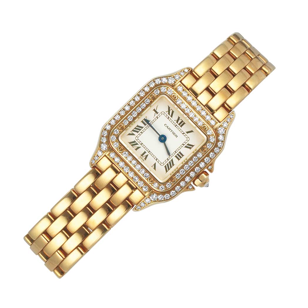 Appraisal: Gold and Diamond Wristwatch Cartier kt Panther model quartz dia