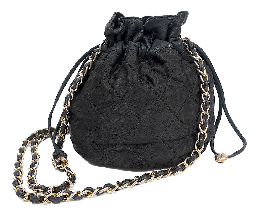 Appraisal: Chanel Vintage Black Satin Leather Shoulder Bag Chanel Vintage Satin