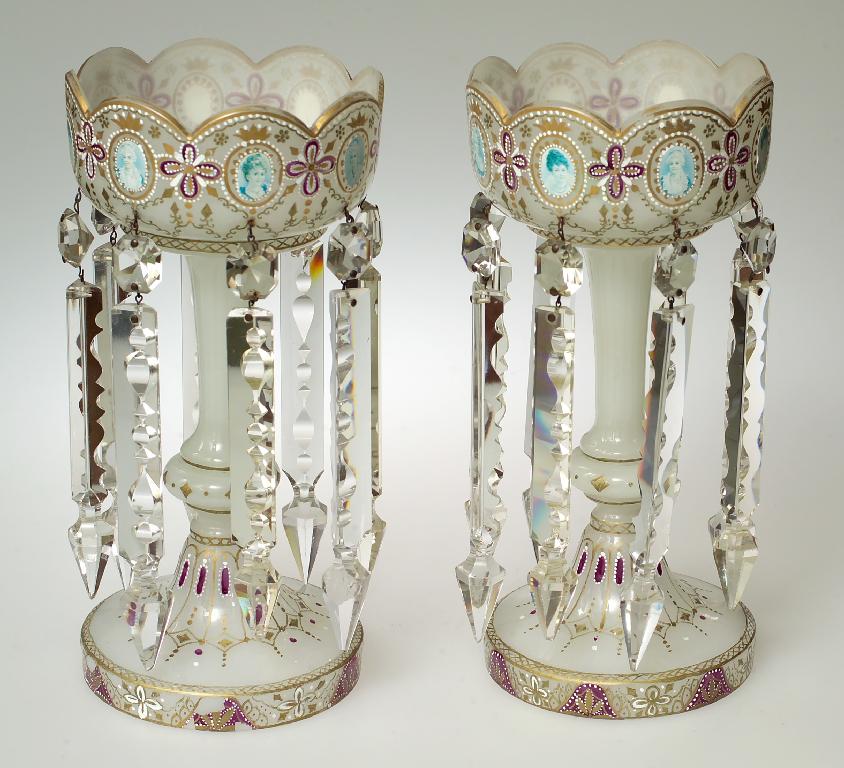 Appraisal: PAIR OF VICTORIAN OPAQUE GLASS LUSTRES enamel painted and gilded