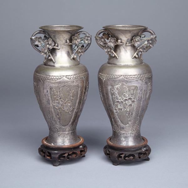 Appraisal: Pair of Export Silver Presentation Vases Circa Each of baluster