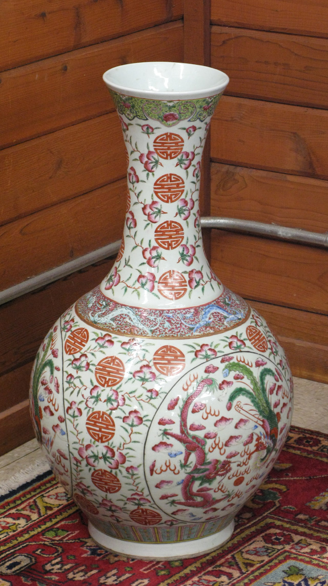 Appraisal: CHINESE GLAZED POTTERY FLOOR VASE hand enameled cartouches depicting a