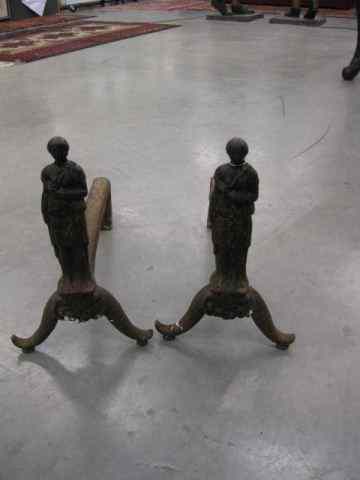 Appraisal: Pair of Early Figural Cast Iron Andirons classical figure ''