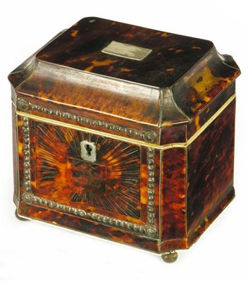 Appraisal: A George IV tortoiseshell tea caddy the hinged pagoda top