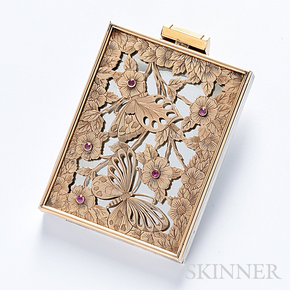 Appraisal: Gem-set Compact Boucheron Paris decorated with openwork designs of butterflies