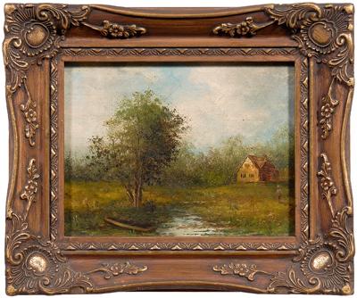 Appraisal: British School painting landscape with cottage figure and boat unsigned