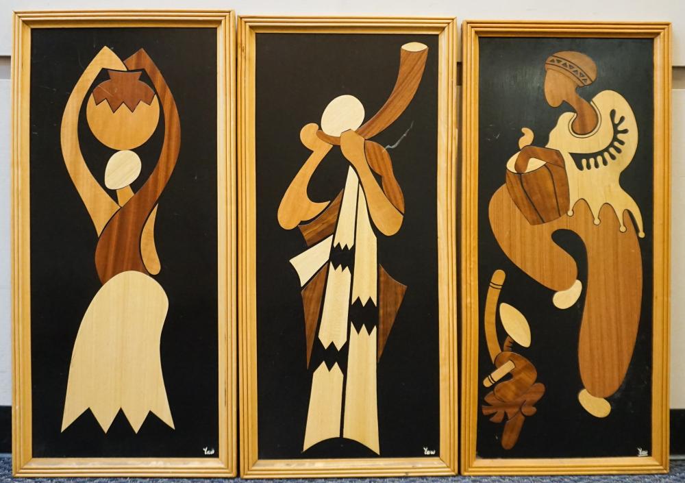 Appraisal: African School th Century Abstract Figures Three Works each Inlaid