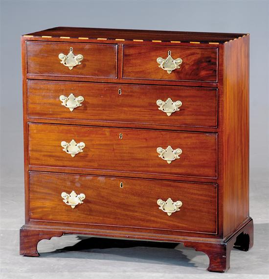 Appraisal: English inlaid mahogany chest of drawers circa integrated top with