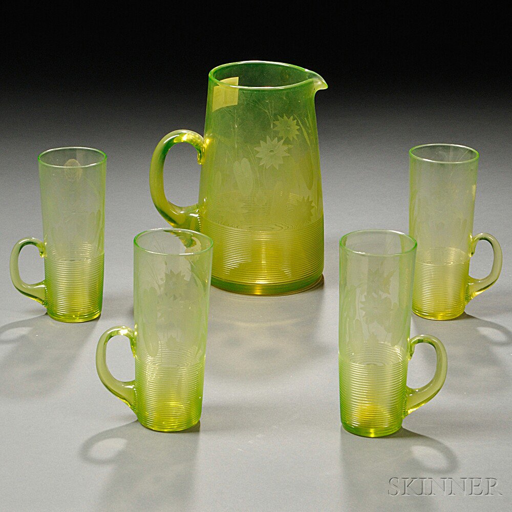 Appraisal: Threaded and Engraved Pitcher and Four Glasses Boston Sandwich Company