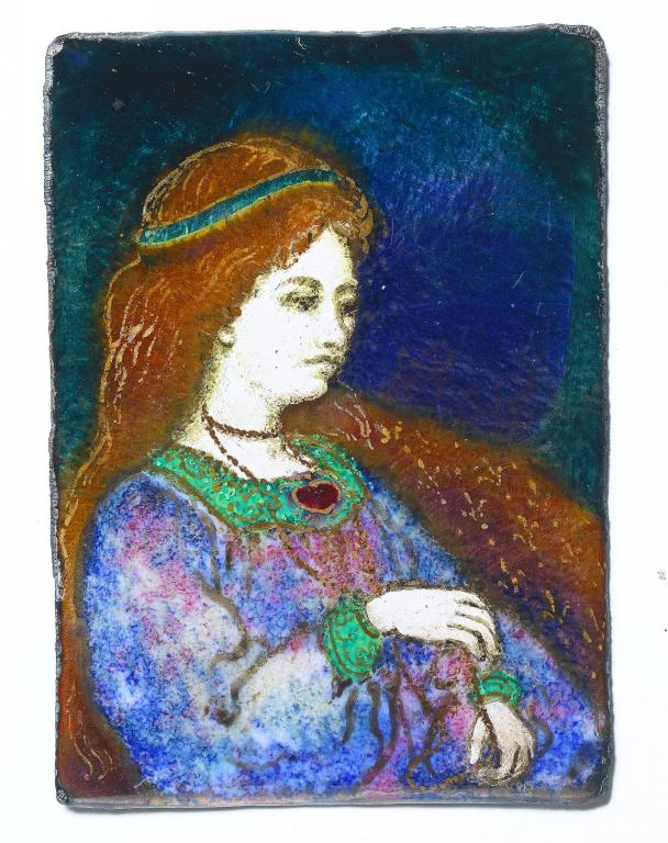 Appraisal: A PAINTED ENAMEL PLAQUE OF A PRE RAPHAELITE WOMAN BY