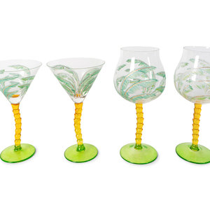 Appraisal: A Contemporary Engraved and Enameled Glass Palm Tree Part Stemware