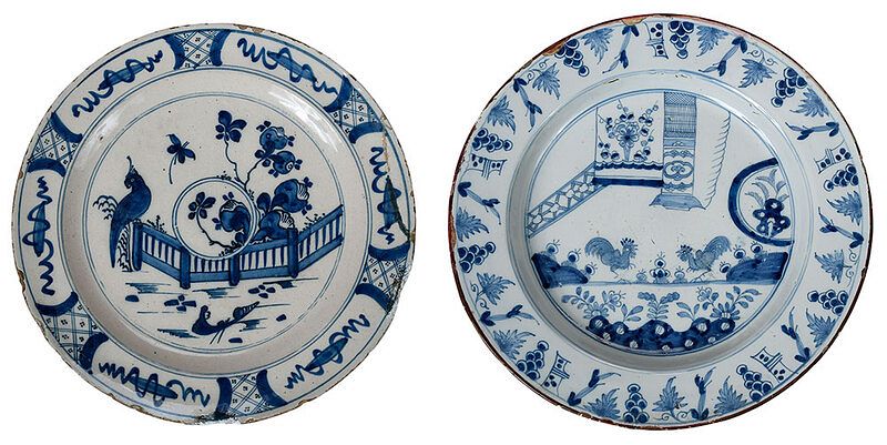 Appraisal: Two Blue and White Delftware Chargers with Birds probably th