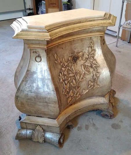 Appraisal: Venetian Style Gilt Marble Top Bombe Cabinet with applied carving