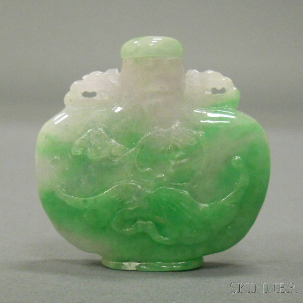 Appraisal: Jadeite Snuff Bottle China flattened peach shape carved with bats