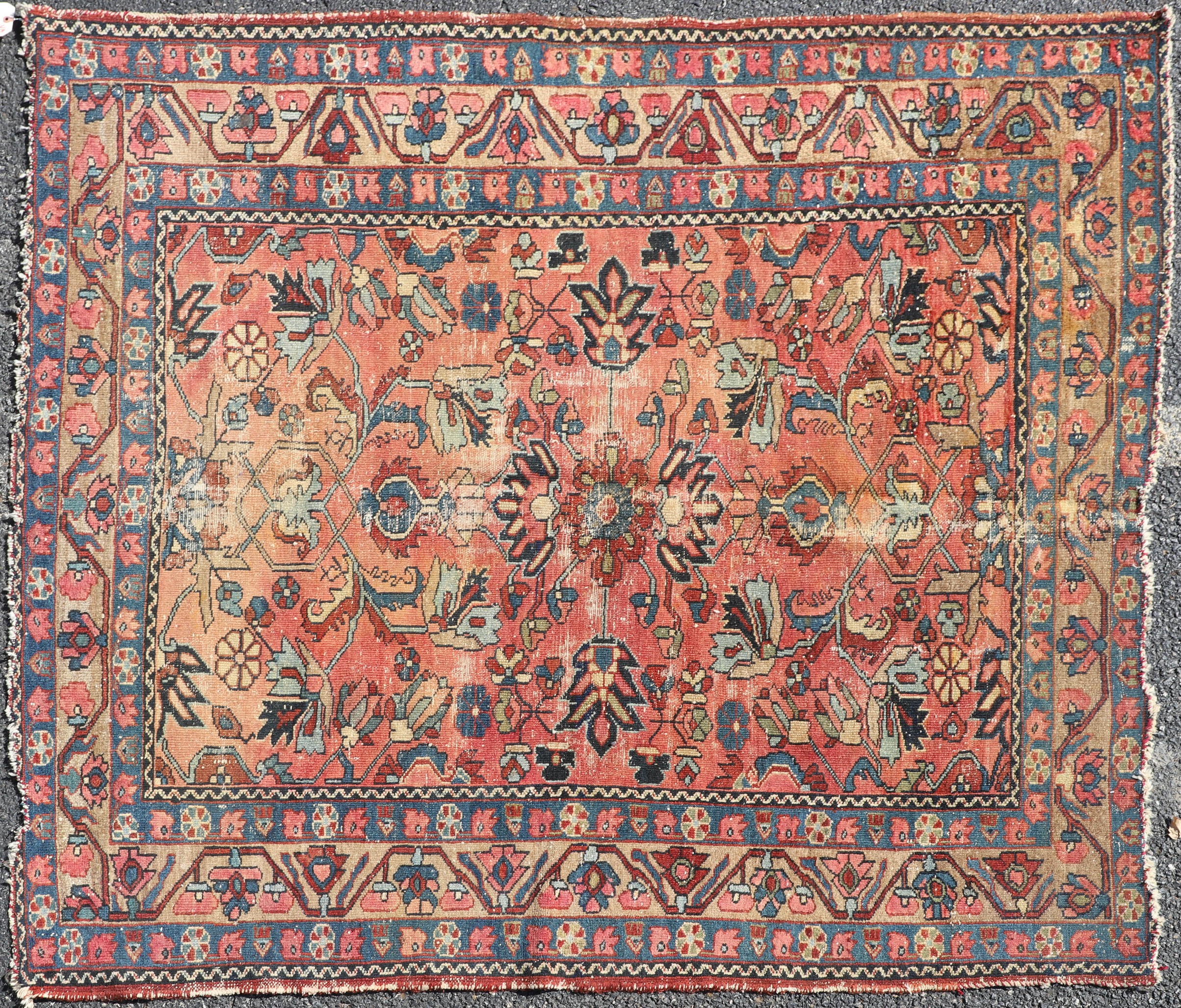 Appraisal: ' X ' Antique Persian Hamadan Rug wear fading torn