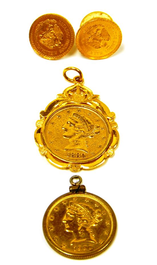 Appraisal: JEWELRY Three yellow gold coin pieces one pendant tested K