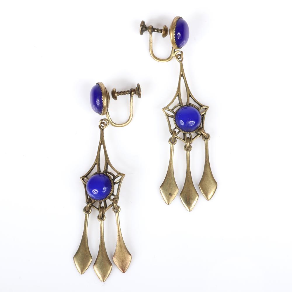 Appraisal: ART NOUVEAU EDWARDIAN GOLD CHANDELIER EARRINGS WITH TWO SAPPHIRE BLUE