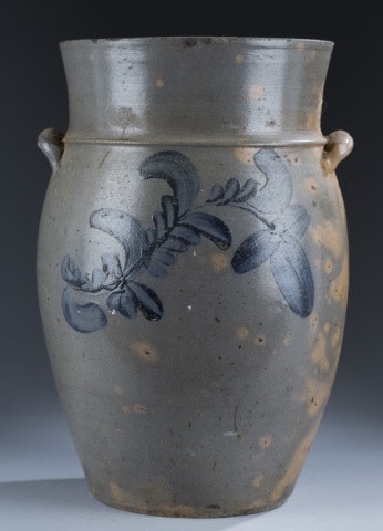 Appraisal: Stoneware Crock with Cobalt Foliage Decoration Ear Handles H x