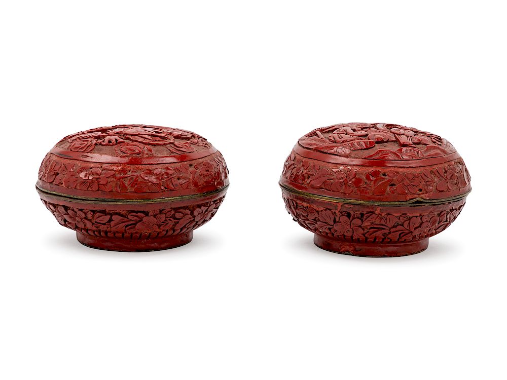 Appraisal: A Pair of Chinese Cinnabar Lacquer Covered Boxes Width in