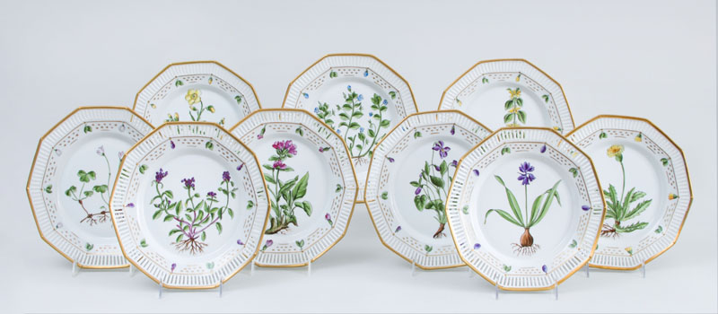 Appraisal: SET OF NINE DANISH PORCELAIN HAND-PAINTED TEN-SIDED BOTANICAL PLATES With