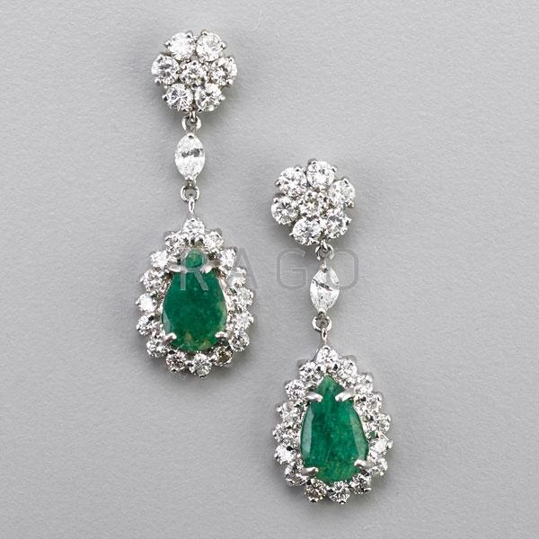 Appraisal: EMERALD AND DIAMOND WHITE GOLD DROP EARRINGS Condition Report