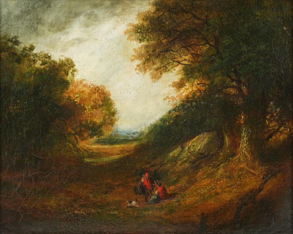 Appraisal: GEORGE ARMFIELD - TWO FIGURES DOG IN WOODED LANDSCAPEoil on