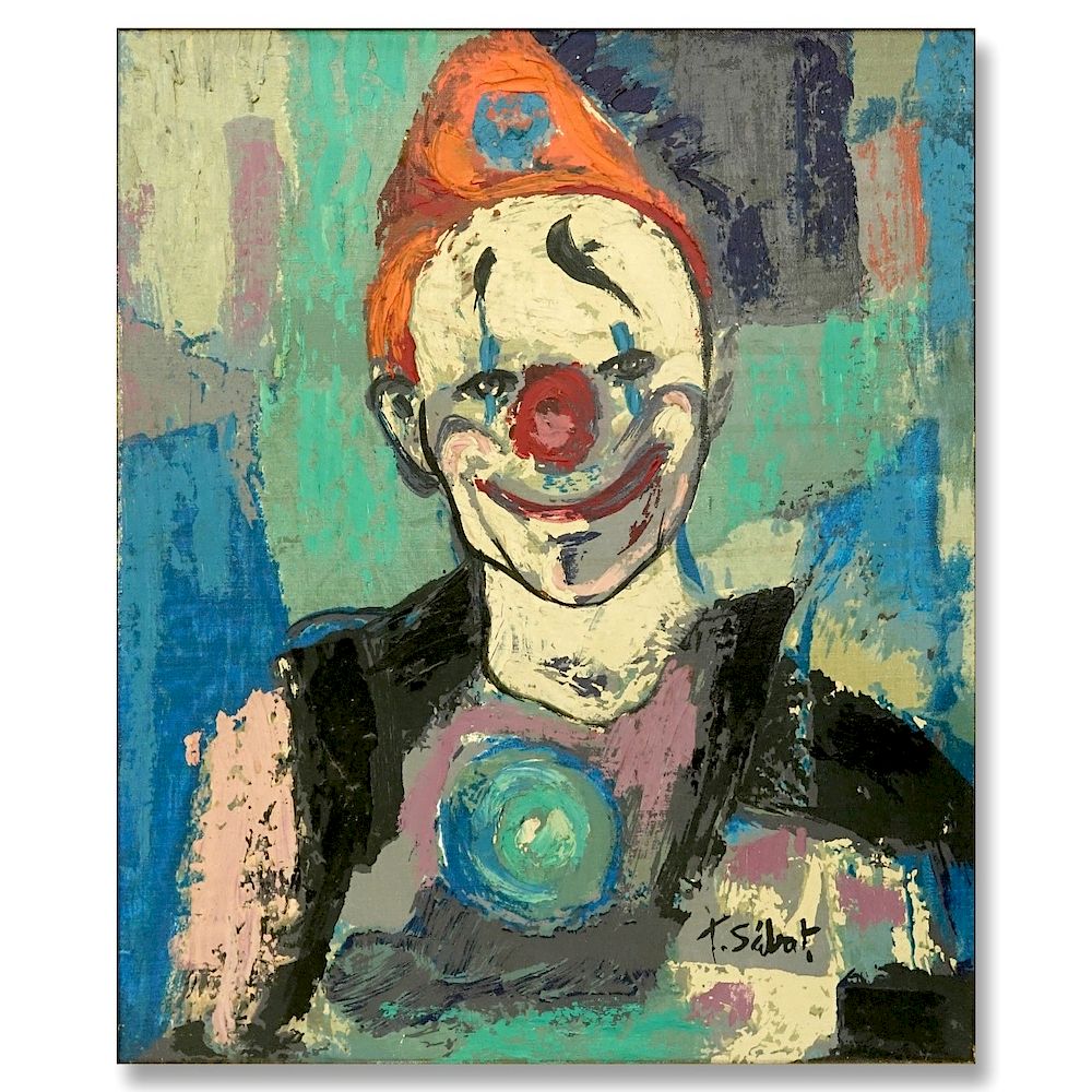 Appraisal: T Sabat Oil on canvas Portrait of a Clown Oil