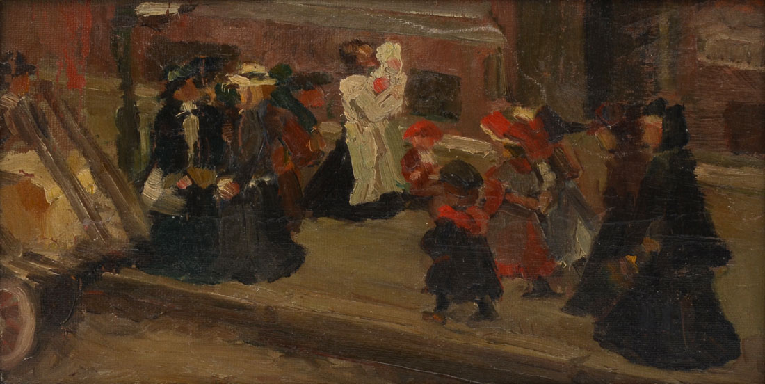 Appraisal: URBAN PAINTING WITH MOTHERS AND CHILDREN ATTRIBUTED TO CHARLES HOFFBAUER