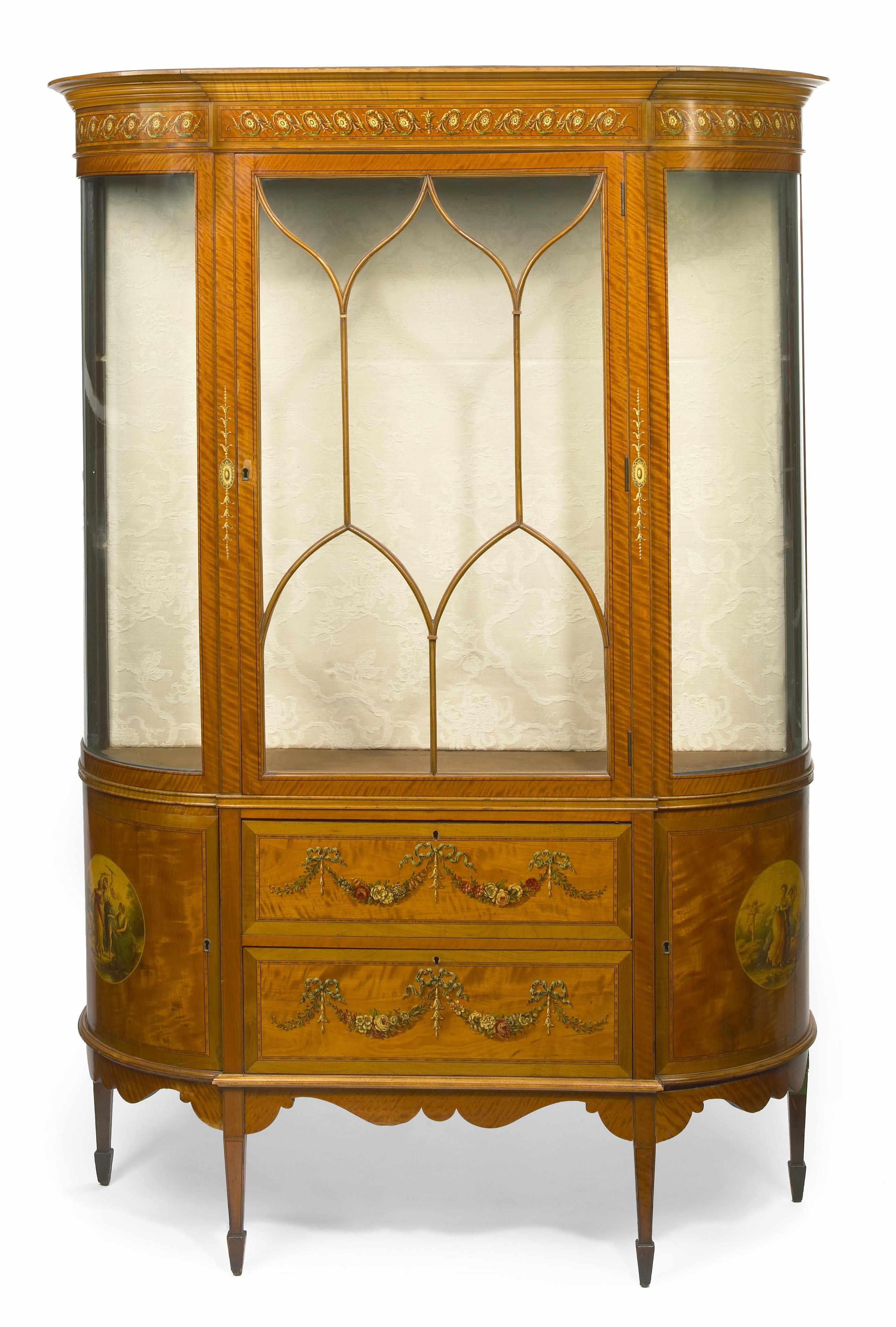 Appraisal: A Sheraton Revival paint decorated satinwood display cabinet late th