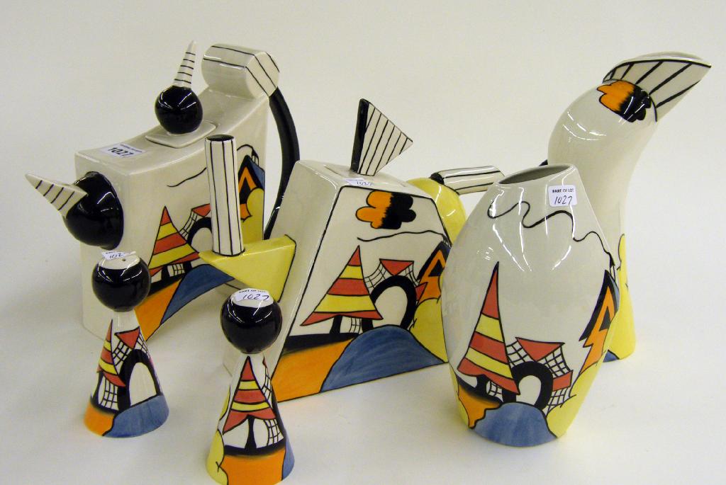 Appraisal: Selection of 'Steamer Bridge' comprising two teapots jug ovoid vase