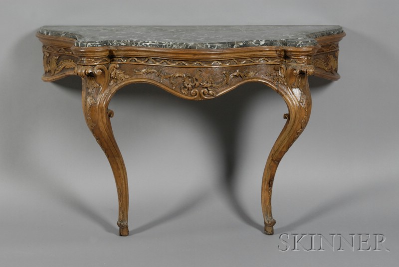 Appraisal: French Rococo-style Carved Oak and Marble-top Console Table th century