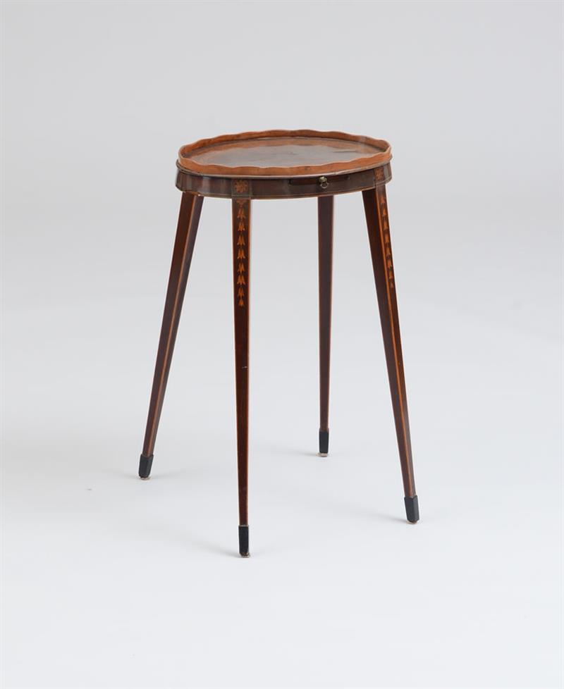 Appraisal: GEORGE III SATINWOOD INLAID MAHOGANY AND MARQUESTRY OVAL KETTLE STAND