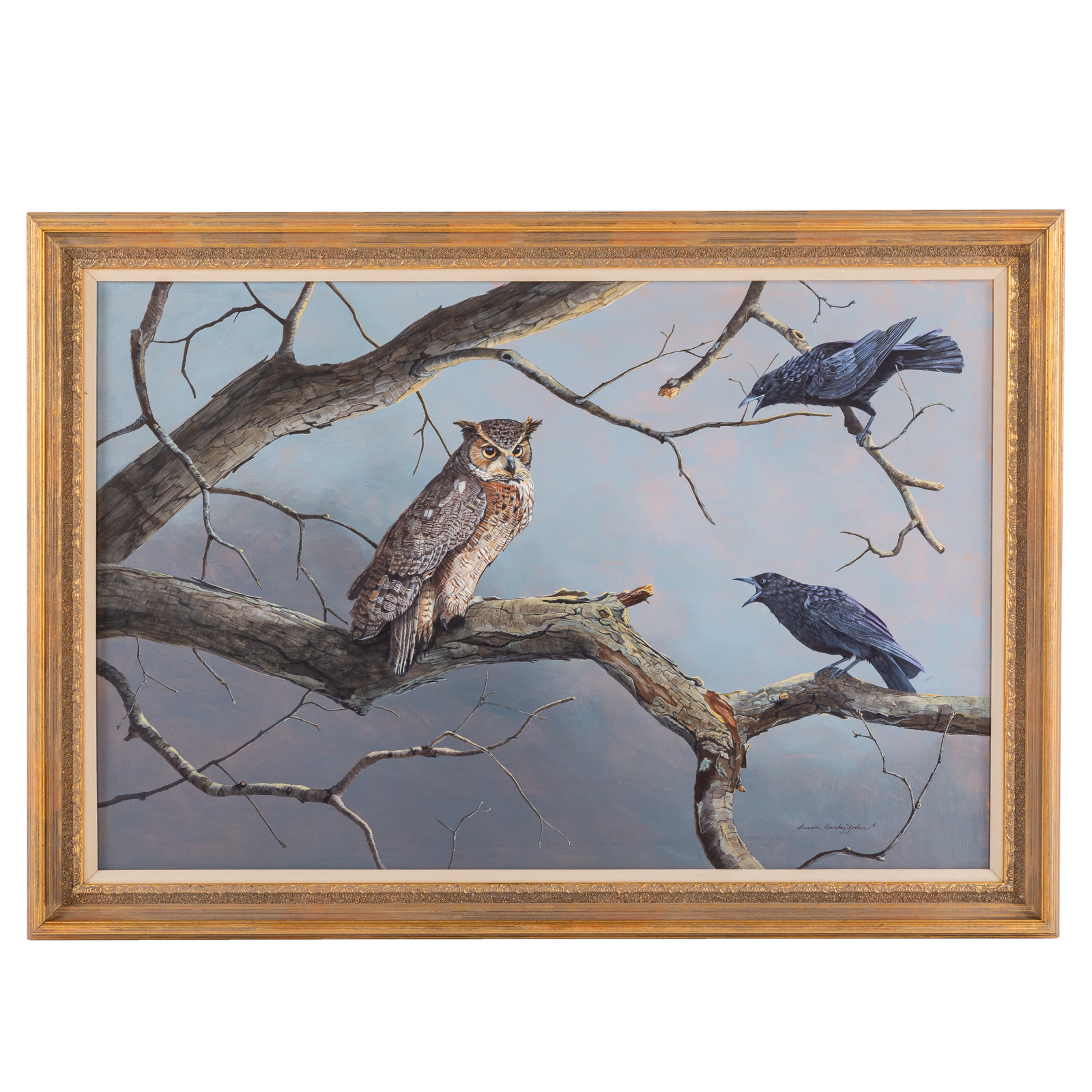 Appraisal: SUSAN BANKEY YODER CROWS SQUAKING AT AN OWL OIL American