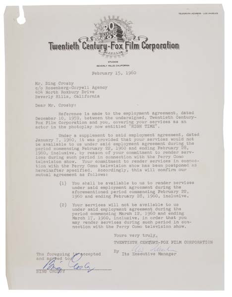 Appraisal: BING CROSBY Typed letter signed by Crosby changing the production