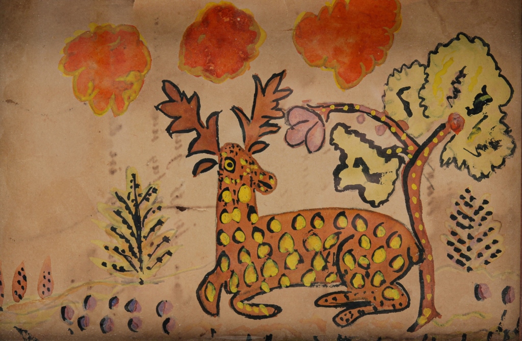 Appraisal: AMERICAN FOLK ART PAINTING OF DEER Late th century watercolor