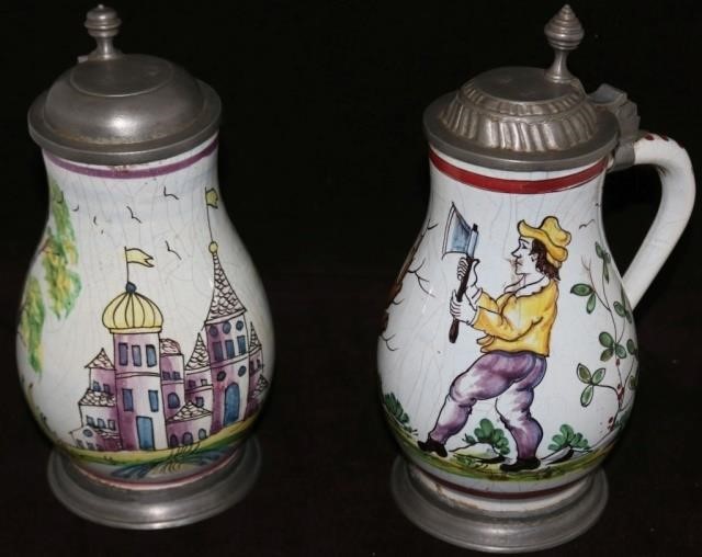 Appraisal: LATE TH CENTURY TWO SIMILAR EUROPEAN FAIENCETANKARDS WITH PEWTER LIDS