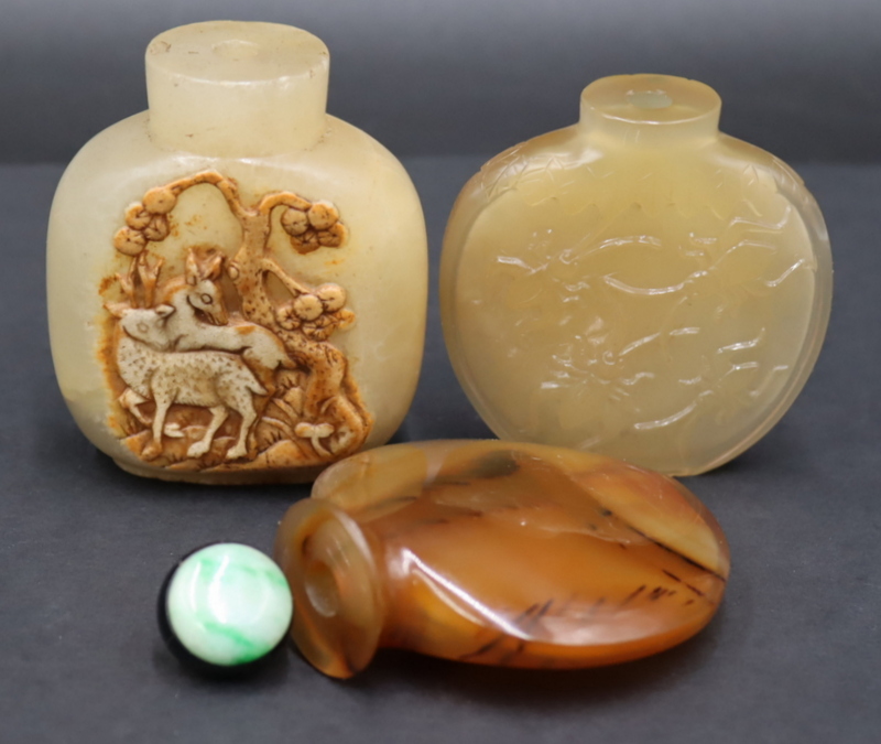 Appraisal: COLLECTION OF AGATE SNUFF BOTTLES Includes a wonderful Chinese carved