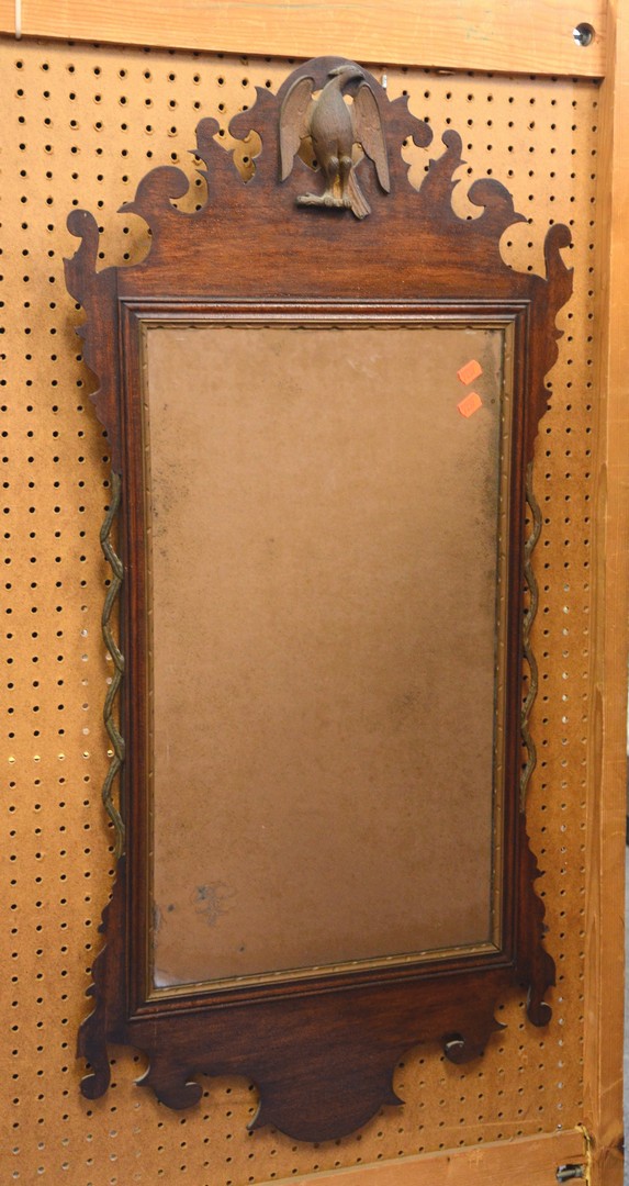 Appraisal: Mahogany Chippendale fretwork wall mirror phoenix bird crest carved vines