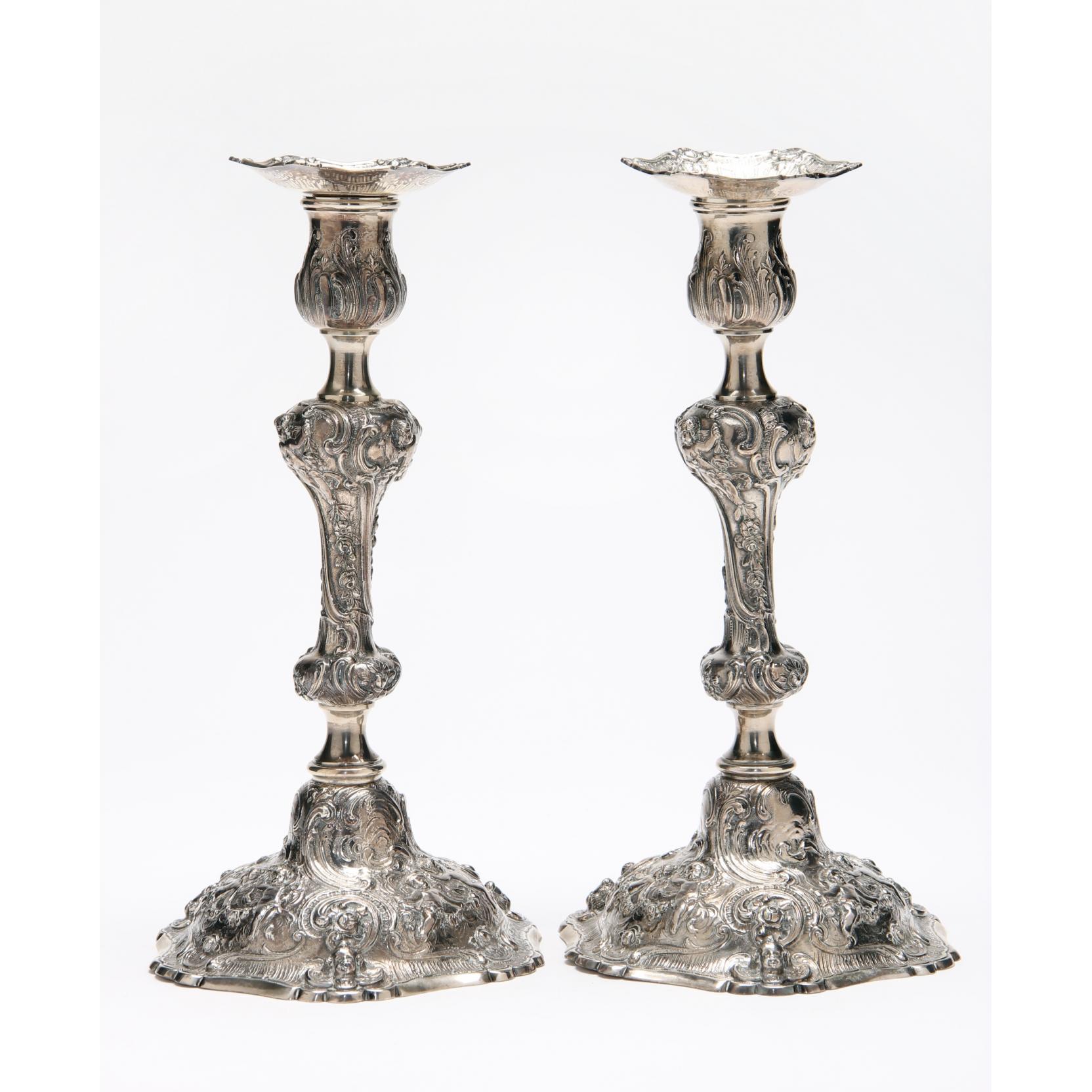 Appraisal: Pair of Rococo Style Sterling Silver Candlesticks baluster form with