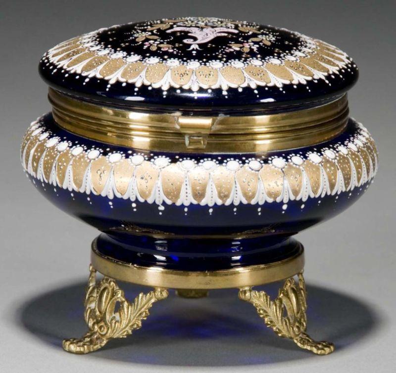 Appraisal: Moser Cobalt Blue Decorated Enameled Dresser Box Description Circa Mounted