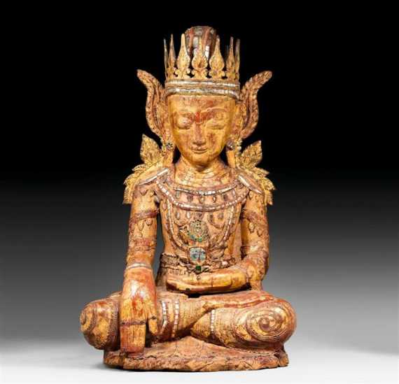 Appraisal: A LACQUERED AND GILT WOOD SCULPTURE OF THE CROWNED BUDDHA